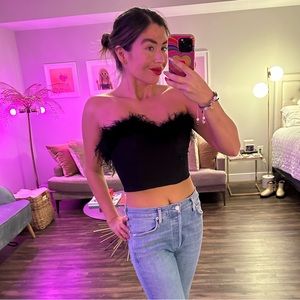 Superdown | Black Strapless Feathered Crop Top Medium